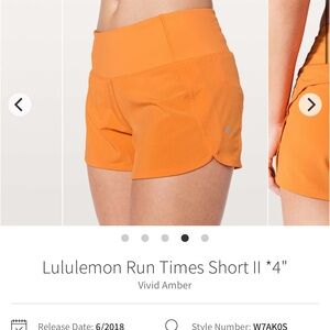Lululemon Athletica Women's Run Shorts - Vivid Amber